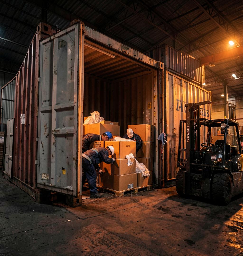 Equipe da LD Serviços realizando descarga de contêiner
